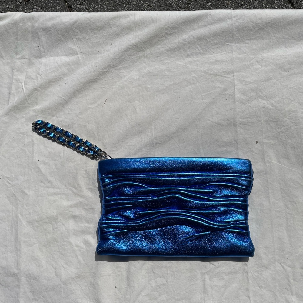 Leather Metallic Blue Wristlet Clutch.